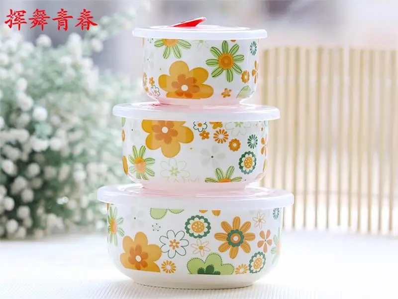 Three-piece, Bone China Kitchen Bowl, Ceramic Lunch Box, Container for Kitchen, Decorative Salad Utensils, Microwave Save