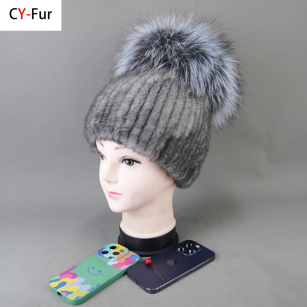 

Real Mink Fur Hat For Women New Brand Thicken Female Fur Caps Ladies Winter Knitted Mink Fur Beanies With Fox Fur Pompoms Hat