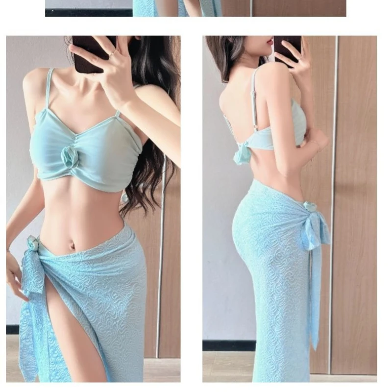 Korean Y2K Swimsuit Women Sexy Split Backless Halter Brazilian Bikini Set with Beach Cover Up 3pcs Bathing Suit Holiday Swimwear