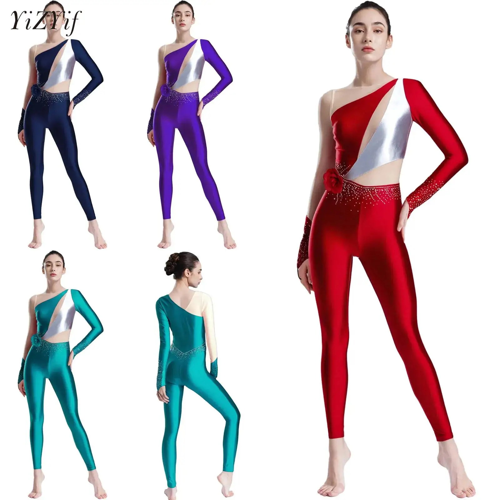 

Women Long Sleeve Figure Skating Jumpsuit Ballet Dance Artistic Gymnastics Jersey Performance Outfit Rhinestone Leotard Rompers