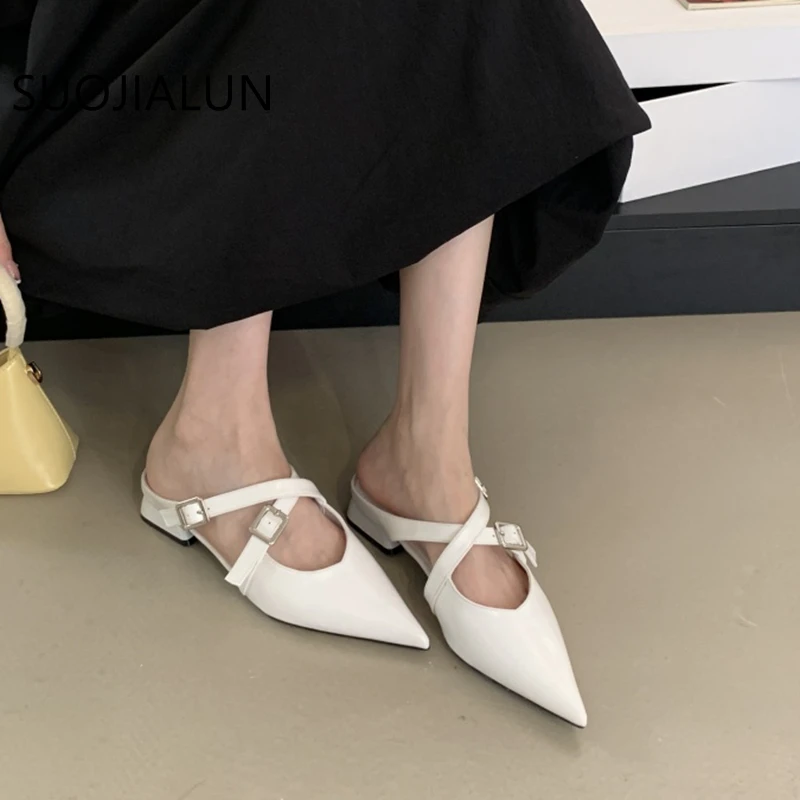 

SUOJIALUN 2025 Autumn Women Flat Heel Slipper Fashion Pointed Toe Slip On Mules Shoes Soft Casual Outdoor Dress Sandal Slides Sh