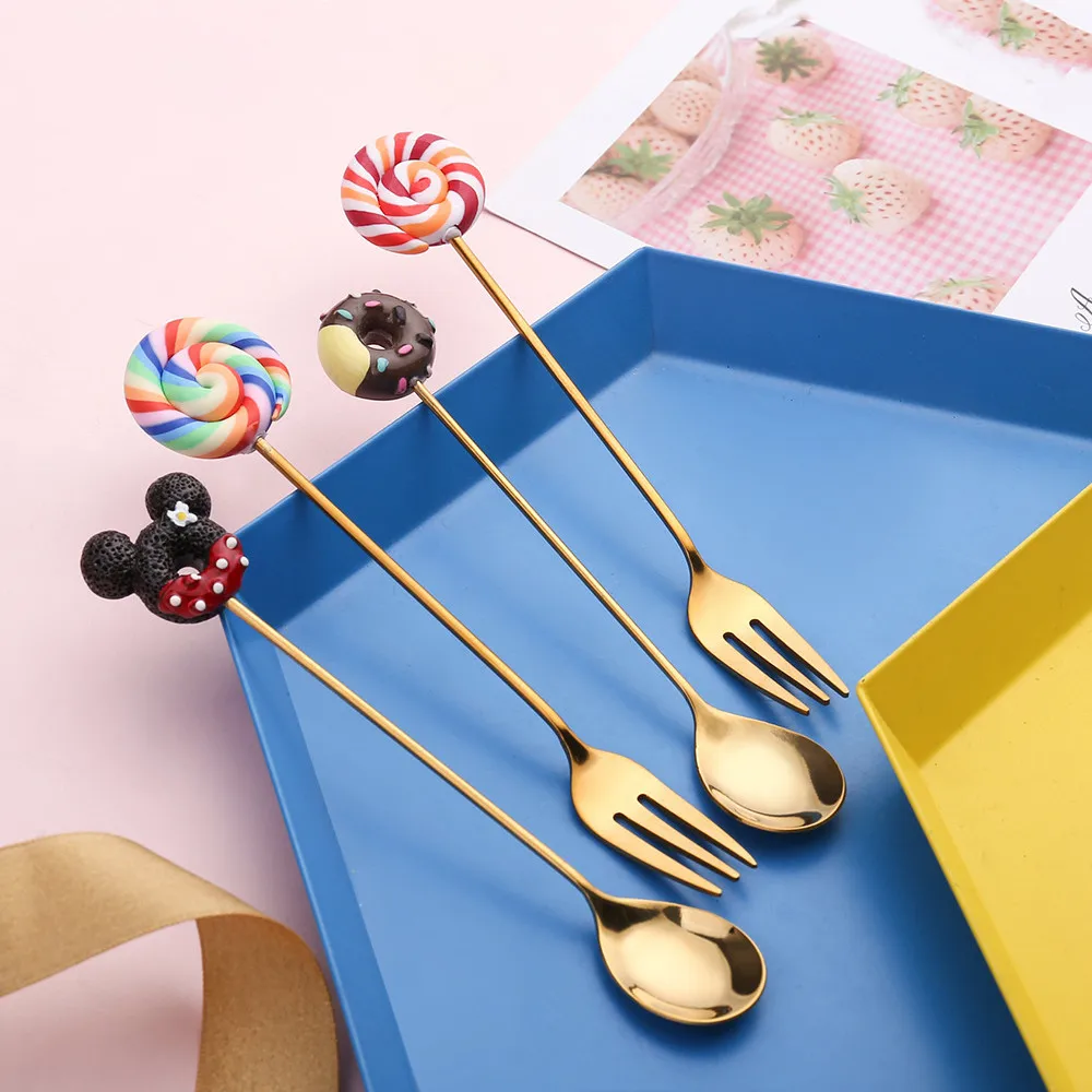 Disney Anime Mickey Mouse Fork Spoon Kawaii Lollipop Donut Tableware Cartoon Dessert Spoon Fork Stirring Spoon Children Gifts