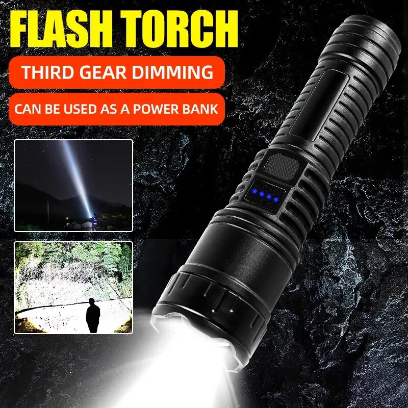 Super LED Flashlight Zoom Telescopic Tactical Flashlight Built-in Battery USB Charging Waterproof Light Super Bright Lantern