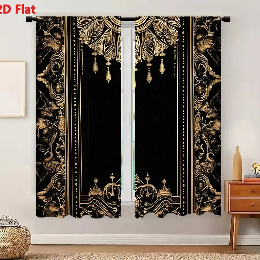 2Pcs Curtains 2D Flat Baroque Gold Ornate Frame With Floral Scrollwork And Chandelier Motif On Black Background Window Drapes fo
