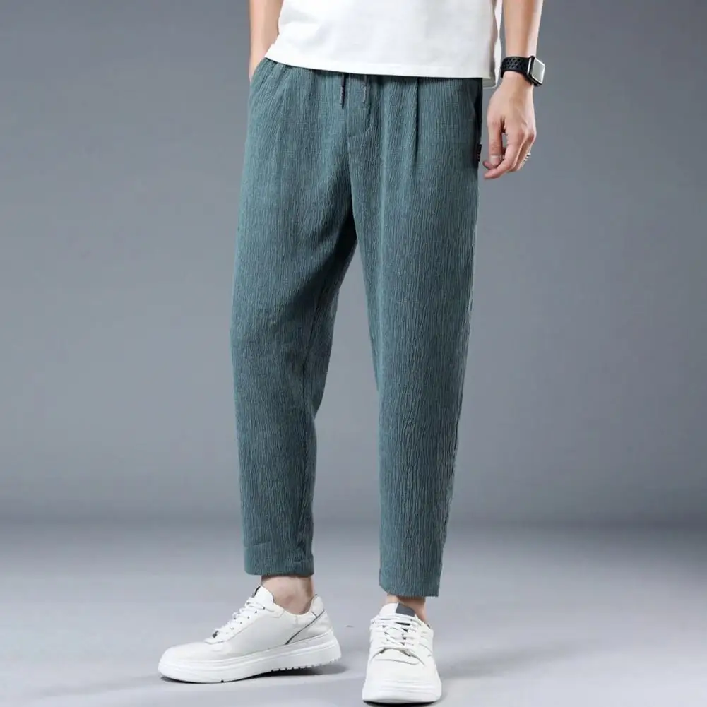 Casual Style Men Trousers Men's Drawstring Ninth Pants with Elastic Waist Pockets for Daily Wear Sport Activities Loose Straight