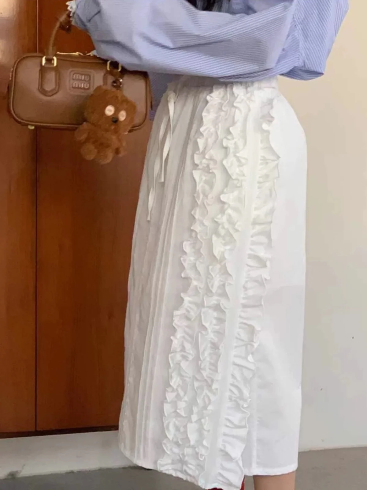 Falda Midi Versátil con Borde de ano de Ma, Estilo Coreano, Csa a Rayas Hoada, Estilo Informal, Falda en Línea A p...