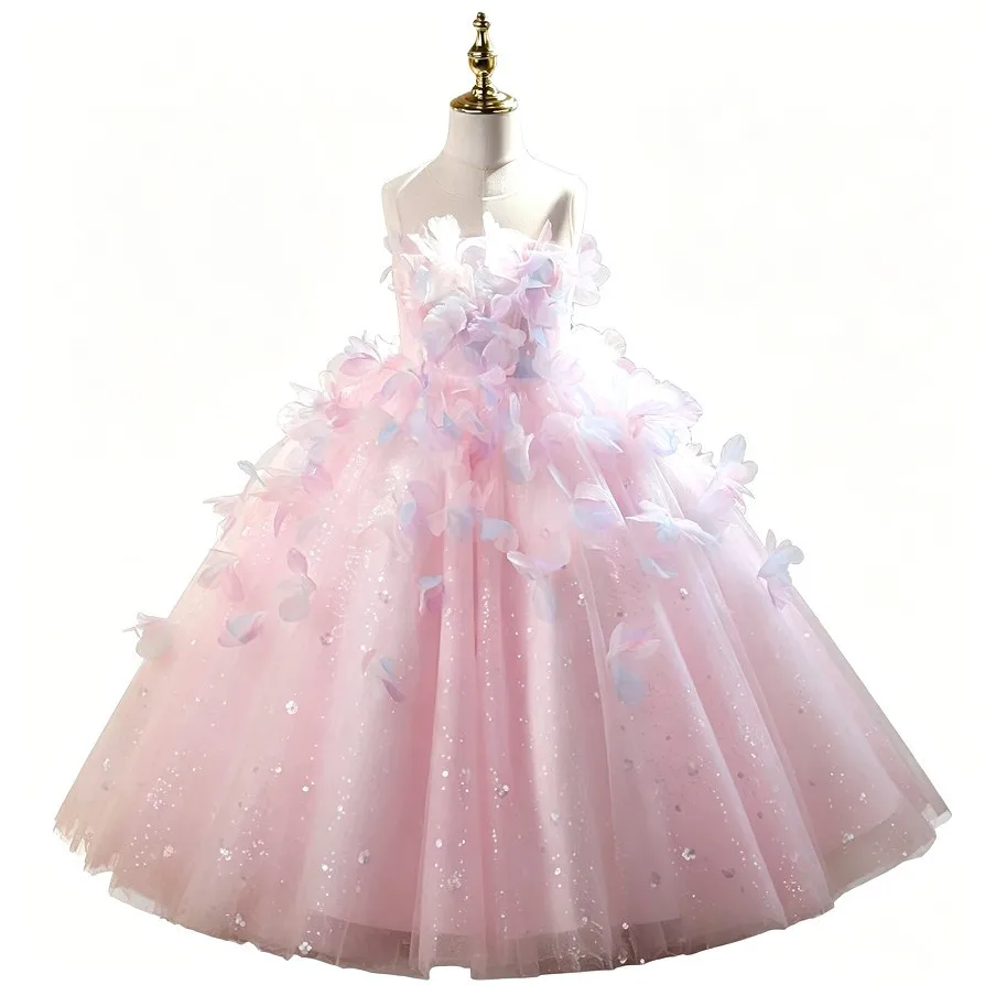Mädchen-Festkleid Rosa Tüll Bodenlanges Pompöses Kleid Blumenmädchenkleid für Hochzeit Geburtstag Klavier-Aufführung Party A5093 – Detail 8