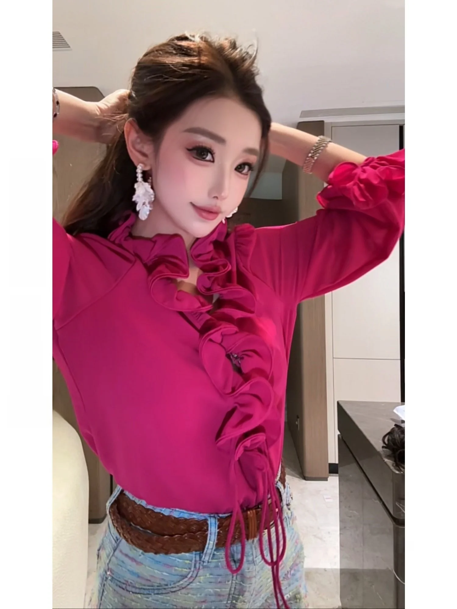 

Женская свободная блузка Neadada Lotus Le Collar из полиэстера с длинным рукавом, молодежная, модная, повседневная
