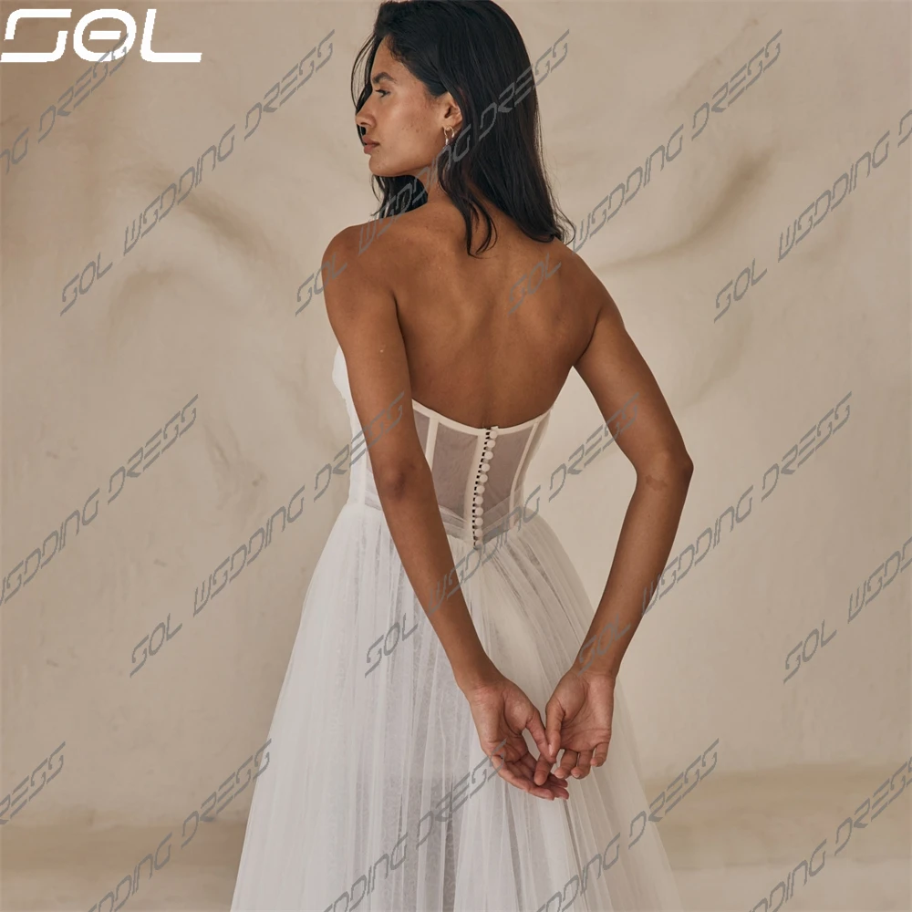 SOL-Strapless Illusion Backless Vestidos de casamento, fenda lateral alta, vestidos de noiva até o chão, simples e elegante, casamento