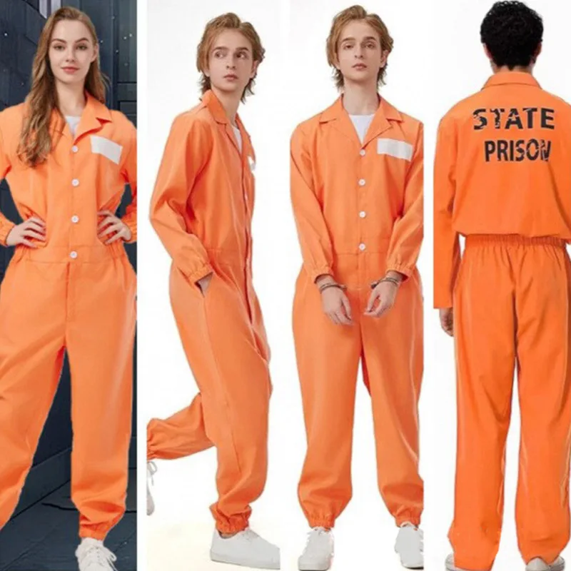 

Adult Inmate Costume Halloween Prisoner Cosplay Jumpsuit Lapel Long Sleeve One Piece Unitard Men Orange Prisoner Jail Uniform