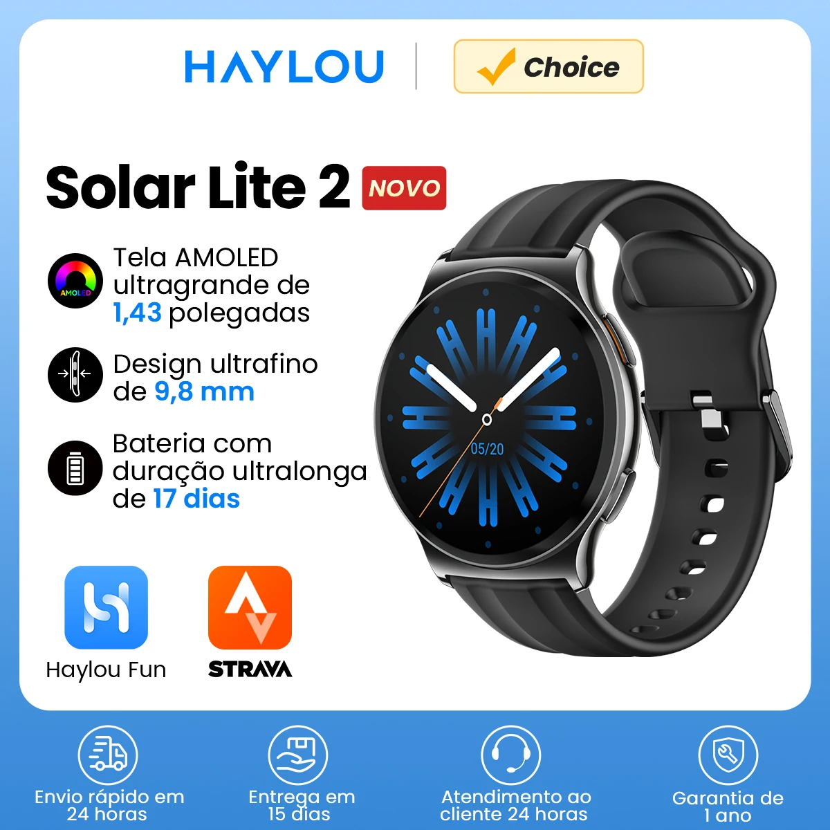 HAYLOU Solar Lite 2 Smartwatch 1.43 ''AMOLED Display 24h Monitoramento de Saúde Mais de 150 Modos Esportivos Chamadas de Voz Relógio Inteligente 1ATM