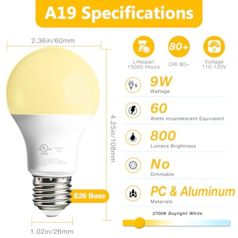 6 Pack A19 LED Bulbs, 9W Equivalent 60 Watts, E26 Base,,800 LM, Non-Dimmable, Efficient Energy Saving Lights for Living Room, O