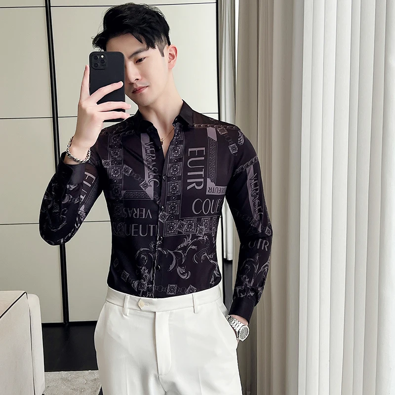 2024 Boutique Men\'s Fashion Gentleman Business Slim Senior Sense Trend Individuality Printed Office Casual Long-sleeved Shirt