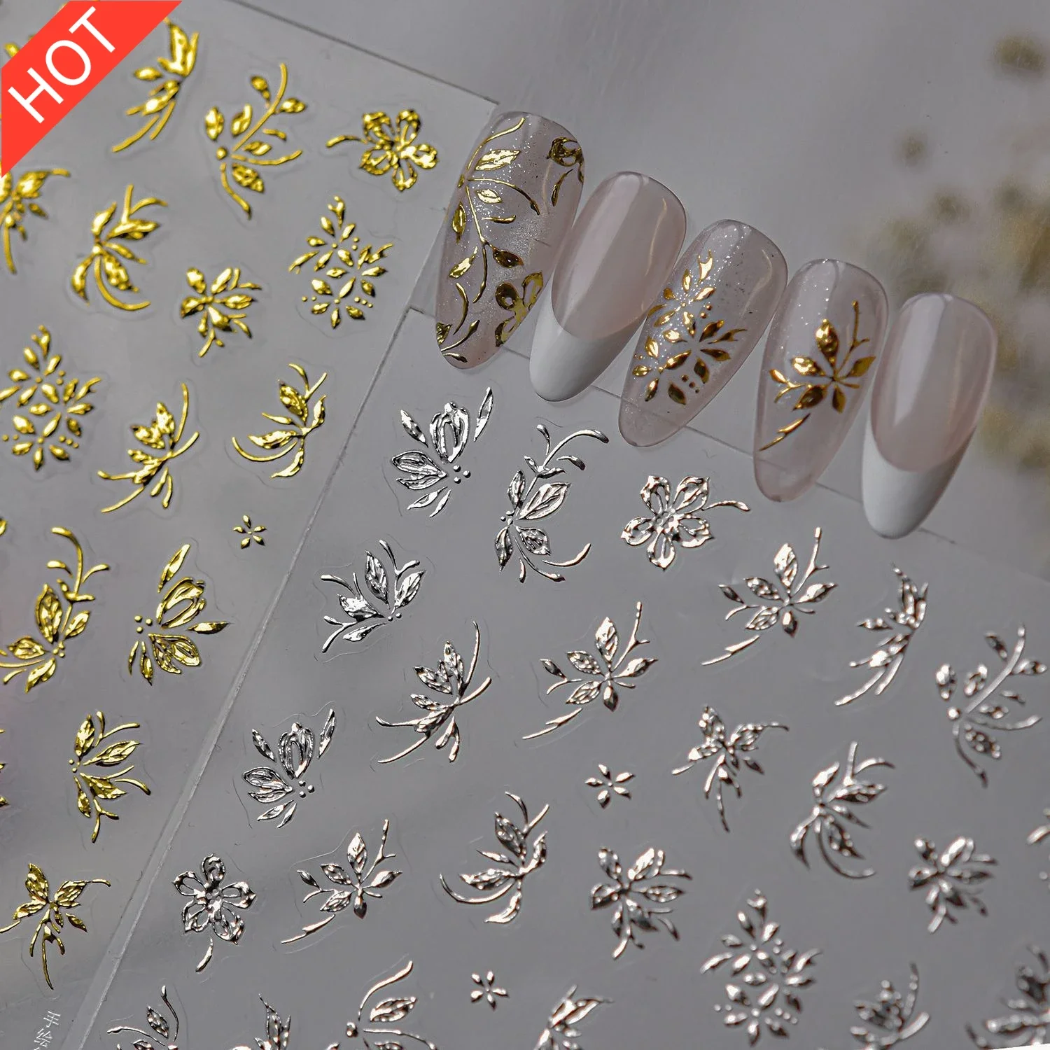 

Vintage Metallic Floral Nail Art Stickers 3D Self-Adhesive Retro Gold Silver Flower Nail Decals DIY Manicure Decor for Women