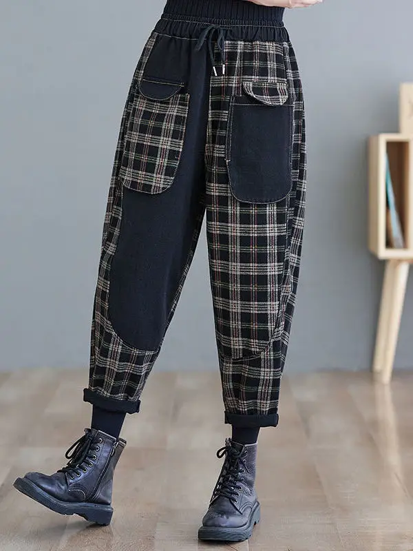 الرجعية المرقعة الدنيم سراويل تقليدية المرأة عالية الخصر مرونة الخصر منقوشة هارلان السراويل الطويلة الخريف جديد Sle ارتداء مقاومة