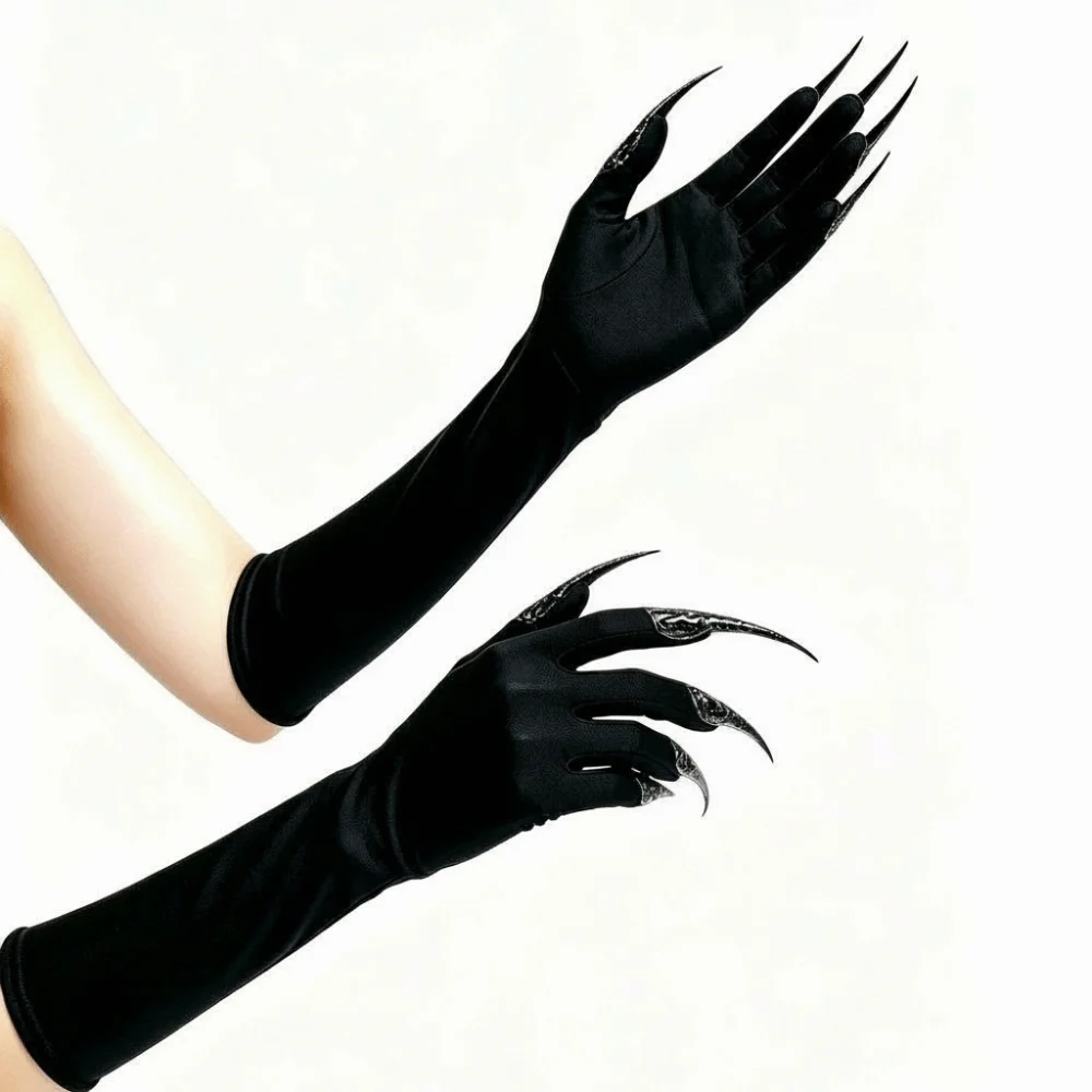 Gothic Long Nails Gloves Black Stretch Polyester Halloween Witch Gloves Elastic Black Detachable Claw Nails Gloves Roleplay