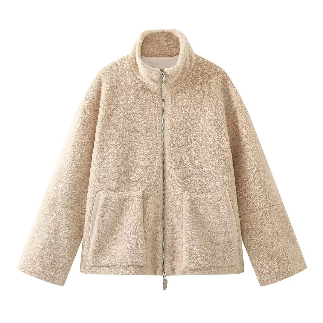 Lamb Wool Jacket Women Winter Fashion Stand Collar Zipper Pocket Long Sleeve Tops Warm Thicken Fleece Coat Streetwear Overcoats