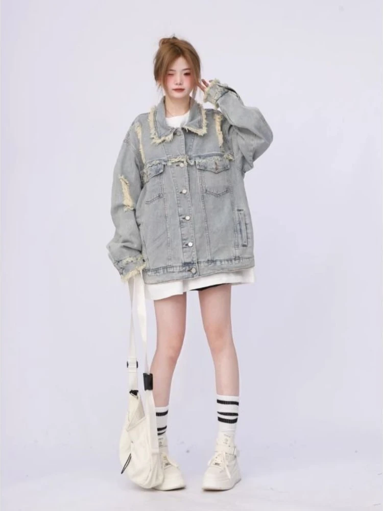 Moda da donna vintage in denim strappato effetto consumato oversize casual street style primavera autunno