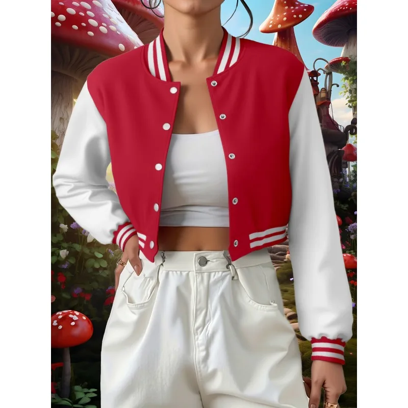 Women's Casual Short Baseball Jacket Color Block Long Sleeve Jacket Top Women's Clothing