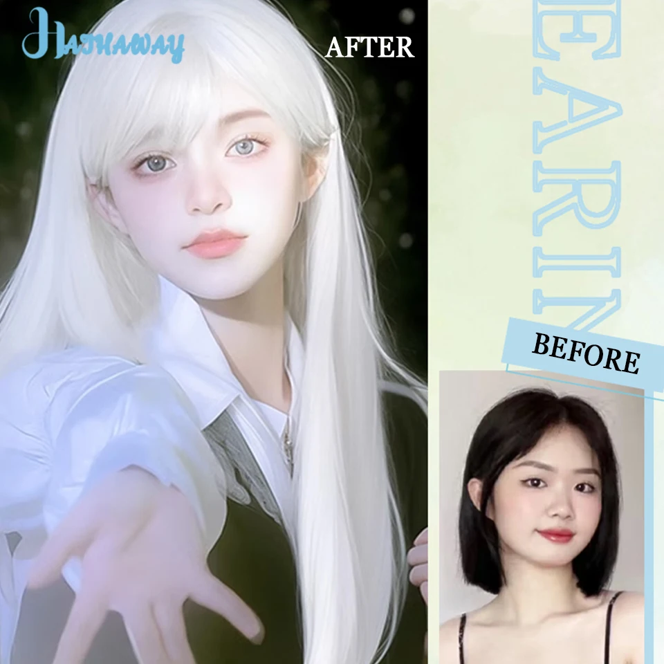 Wig putih rambut panjang wanita penuh kepala Universal Cosplay kedua Lolita Wig rambut panjang lurus poni putih pakaian sehari-hari pesta Cosplay