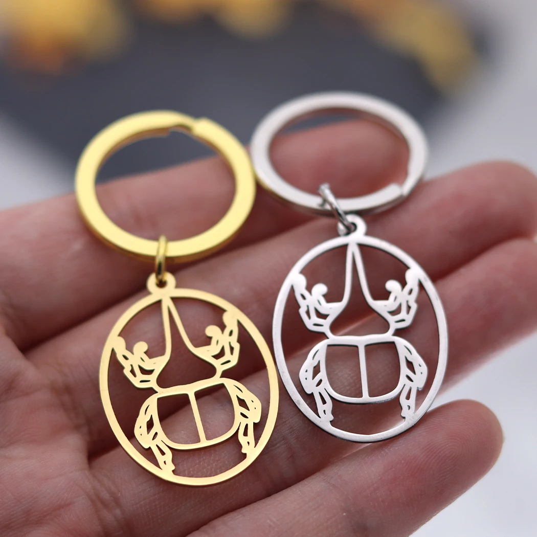 QIMING Hercules Beetles Oval Insect Keychains Women Stainless Steel Jewelry Vintage Key Rings Men Party Gift