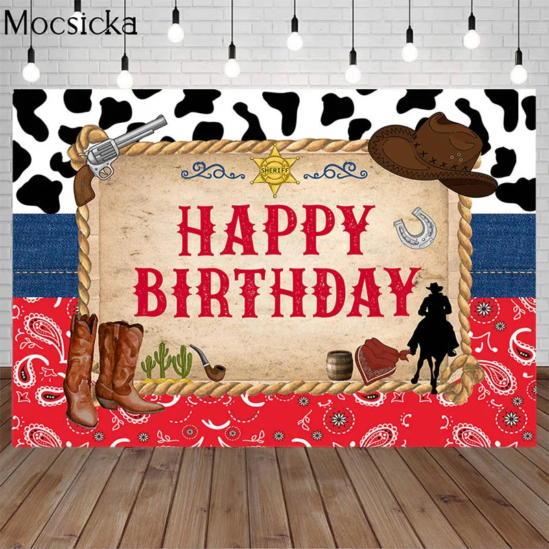 

Wild West Cowboy Birthday Backdrop Cows Cowgirl Cap Decorative Kids Bday Portrait Photo Background Photography Studio Photocall