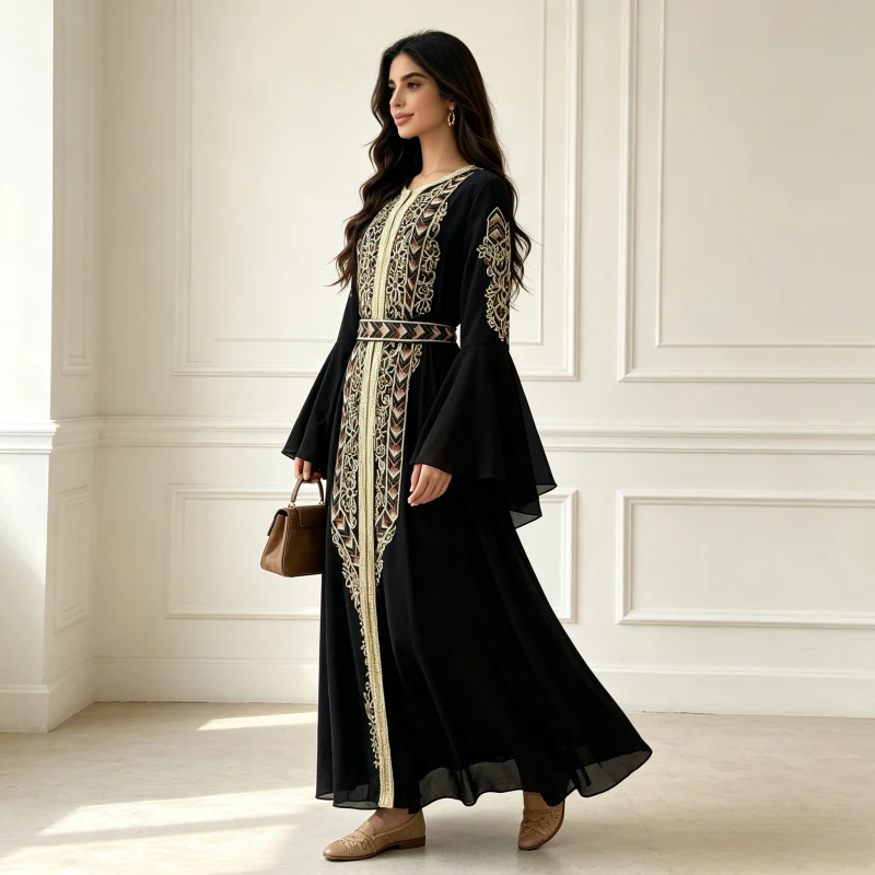 Eid Dress Women Abaya Party Dresses Jalabiya Embroidery Sashes Muslim Long Robe Ramadan Morocco Arab Dubai Kaftan Vestidos
