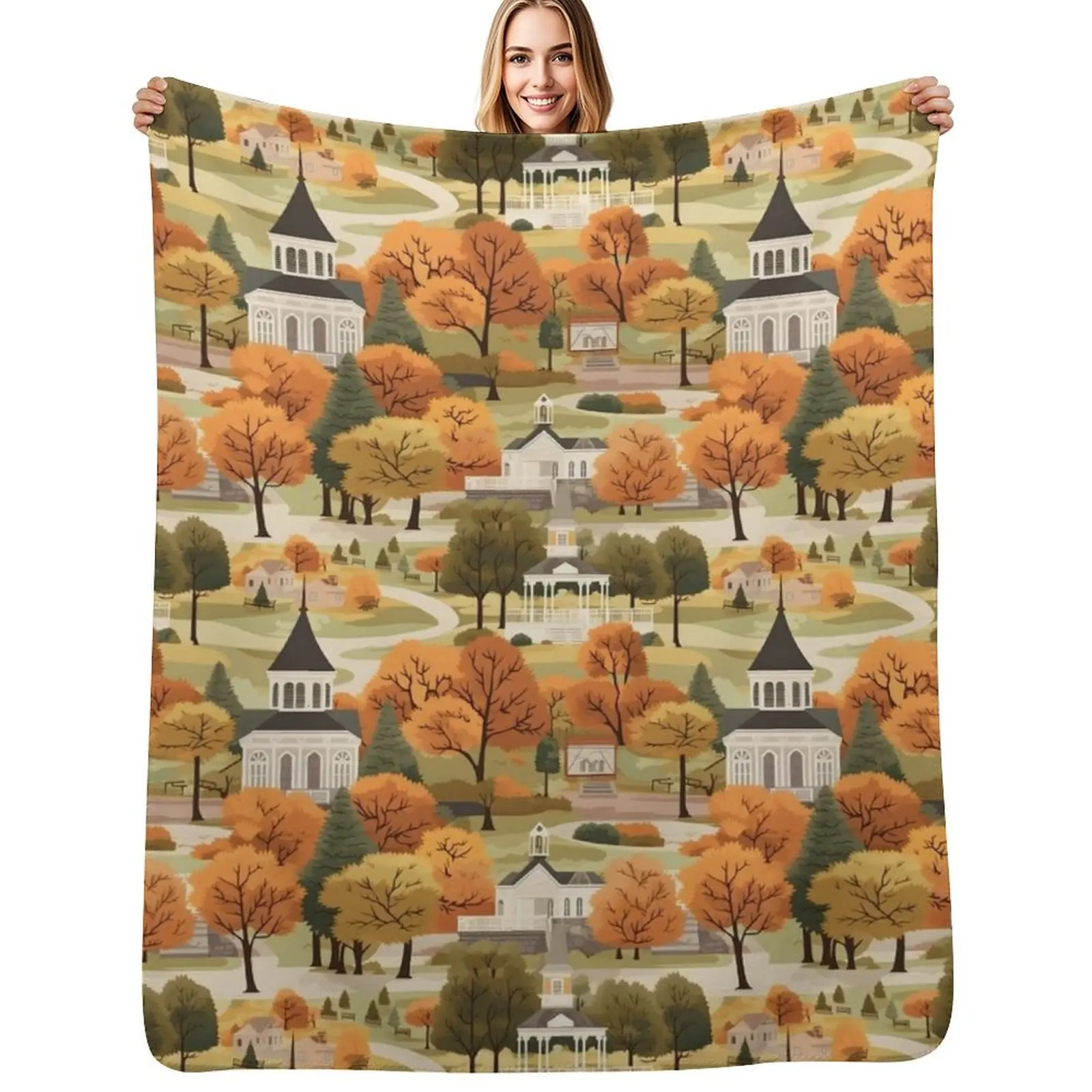

Small Town Connecticut II - Town Square - Autumn - Gilmore Pattern Throw Blanket Breathable Lightweight Blanket for Adults Kids
