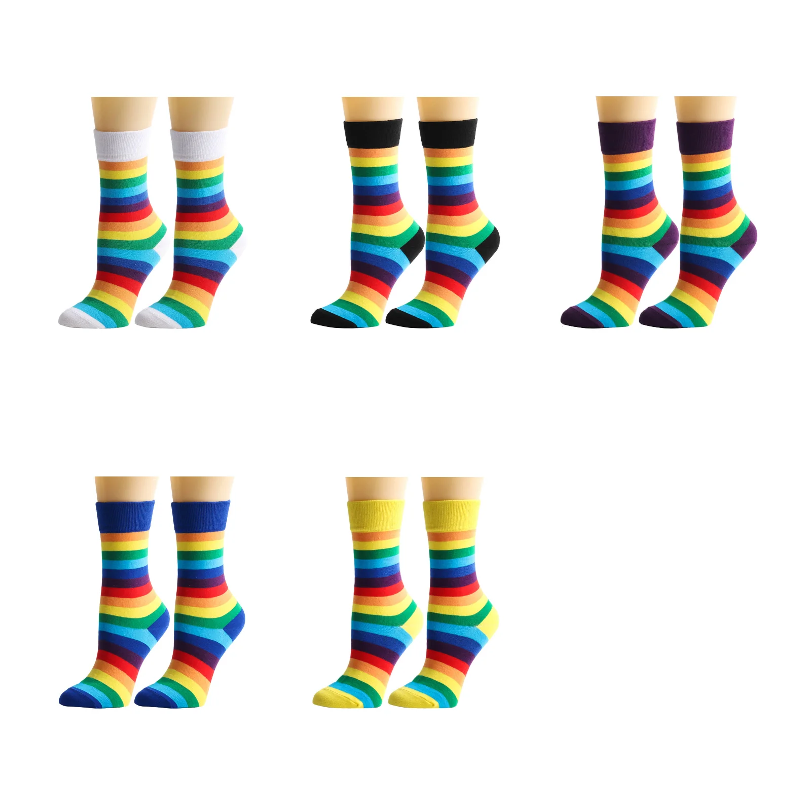 

Осенне-зимние разноцветные полосатые носки средней длины, 5 пар (белый + черный + фиолетовый + синий + желтый)