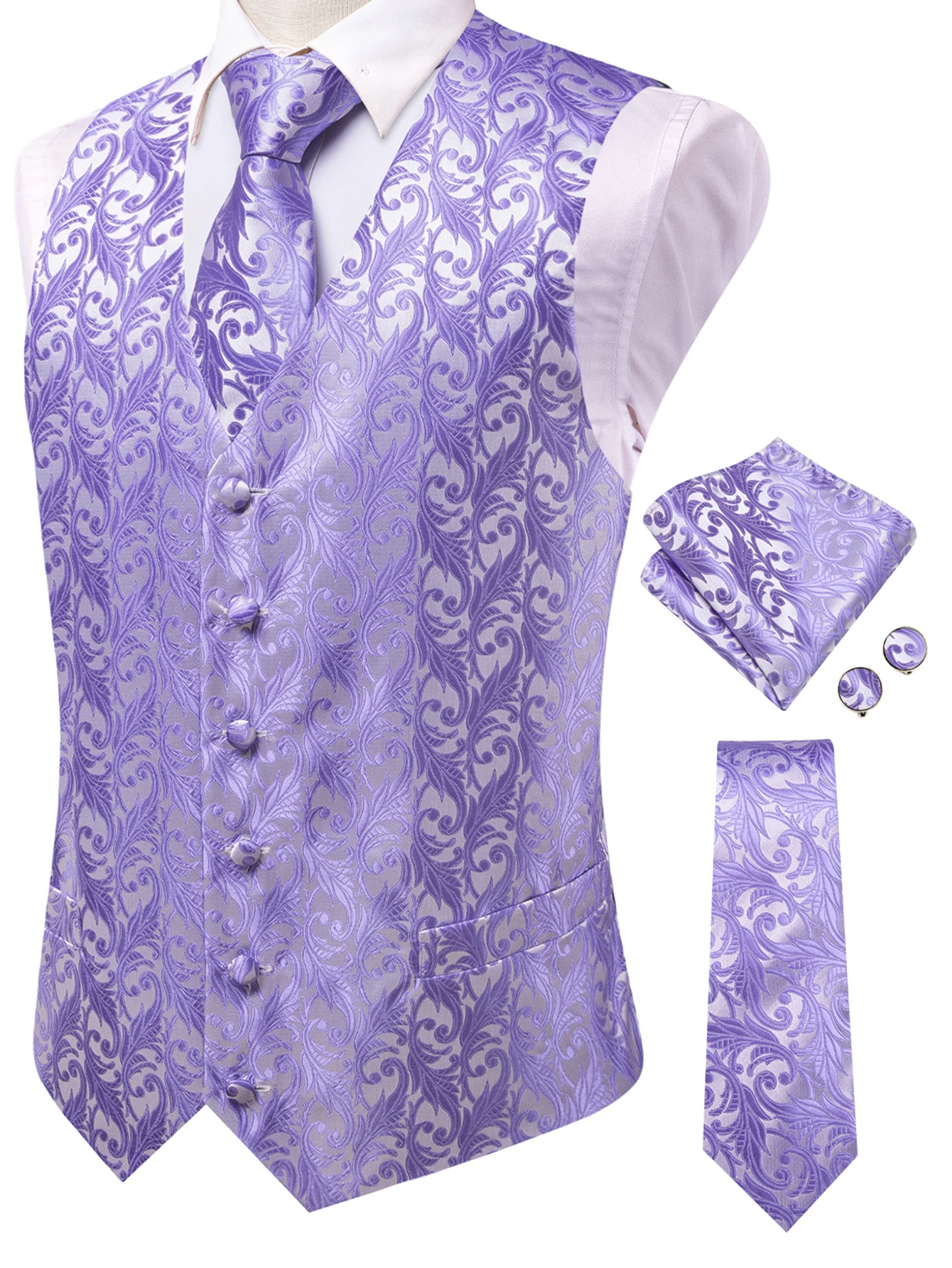Herren Orange Blau Schwarz Tropische Pflanzen Jacquard Anzugweste Taschentuch Manschettenknöpfe 4-teiliges Set für Hochzeitszeremonien – Detail 8
