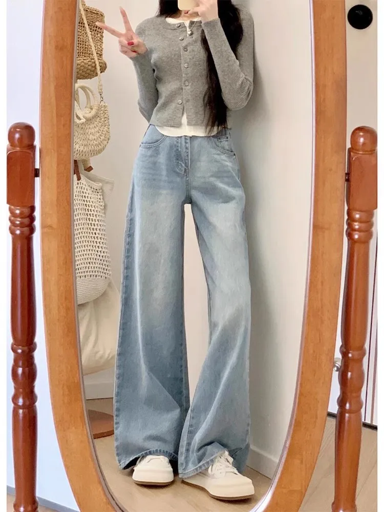

Light Blue High Waist Straight Leg Jeans Women's Spring Summer New plus Size Fat MM Loose Slim Wide Leg Floor Length Pants