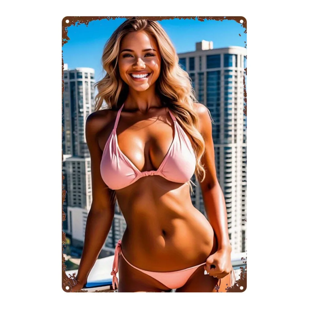 2D Metal Sign Retro Pink Bikini Girl Metal Wall Art for Home Farm Kitchen Cafe Bar Garage Decor 8x12 Inch