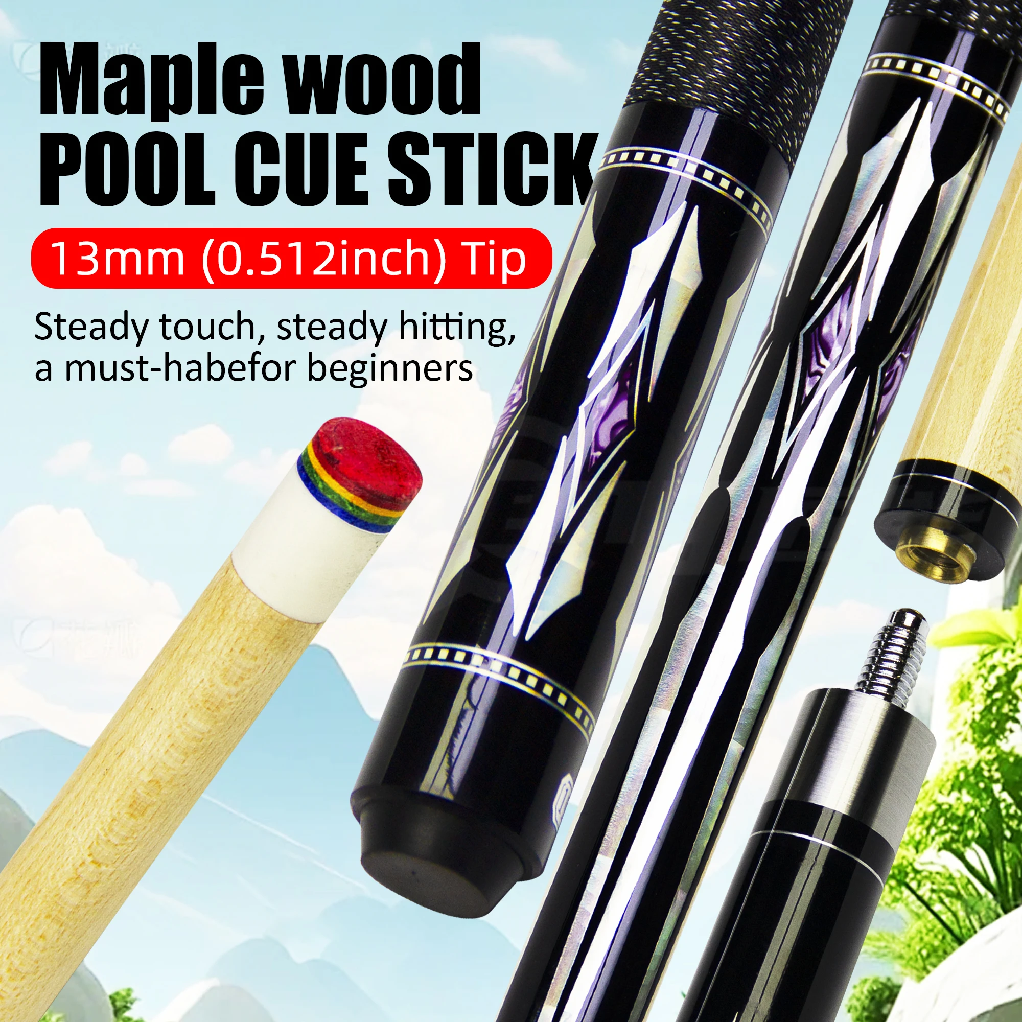 57.44in Hard Maple Amethyst Wrapped Anti Slip Grip Pool Cue 13mm Professional Competition Stick Training Gift Billiards Supplies