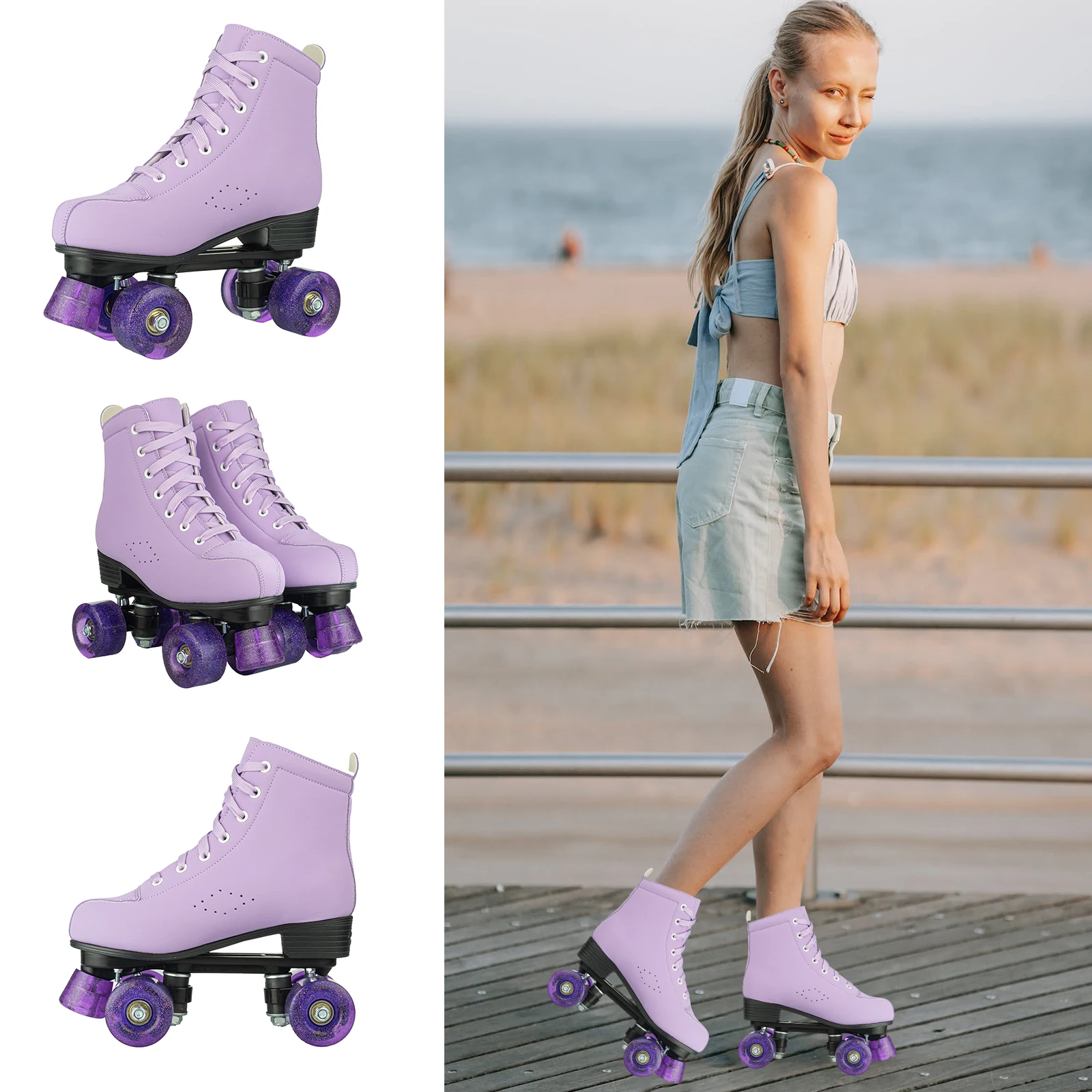 Roller Skate Shoes Quad 4 Wheels Pu Leather Skating Shoes Adult Beginner Outdoor Sport Parkour Runaway Double Flash Skates Girls