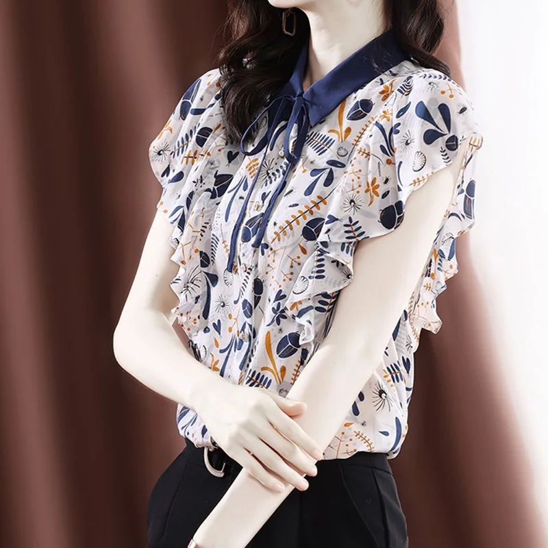 Elegant Ruffles Lace Up Printed Shirt Woman Clothing 2024 Fashion Office Lady Commuter Loose Oversized Button Sleeveless Blouse