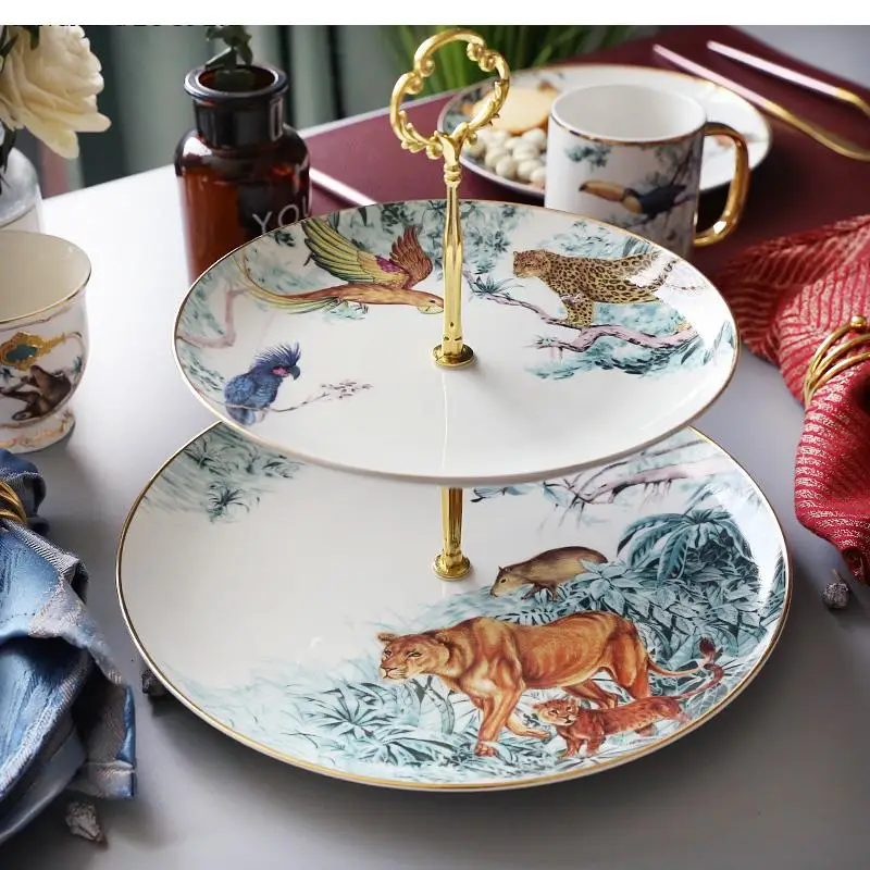 Household Tableware Dessert Plate Jungle Animal Double-layer Gilt Bone China Tray Afternoon Tea Wedding Decoration Cake Stand