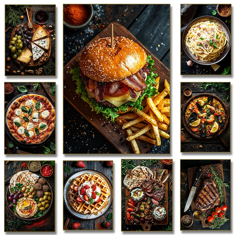 Cheese Wine Board Grilled Steak Rosemary Cake Spaghetti Cheeseburger with Fries Poster Food Canvas Painting Print Kitchen Dec