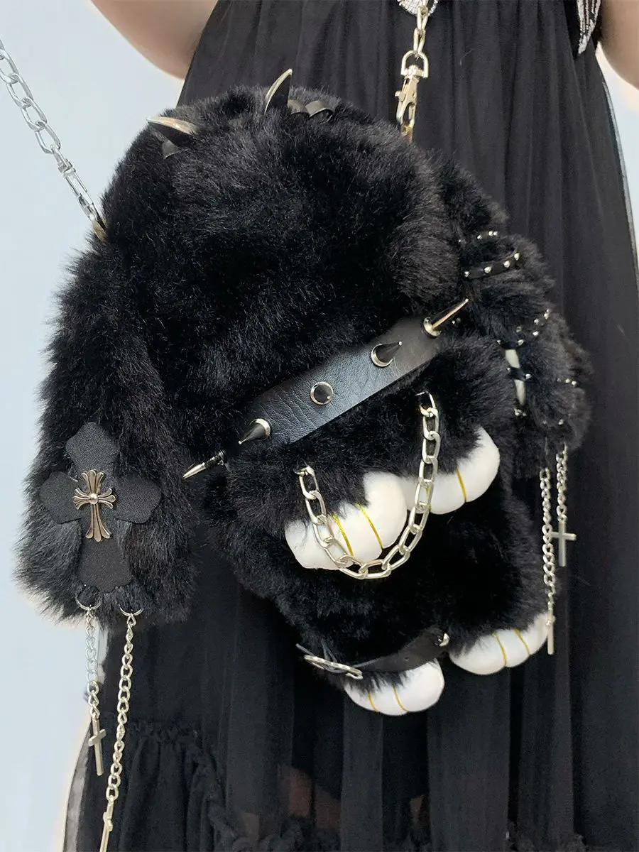 Cute Plush Shoulder Bags for Women's Y2K Doll Bags Rabbit Bag Original Handmade Leather Buckle Dark Crossbody Bag