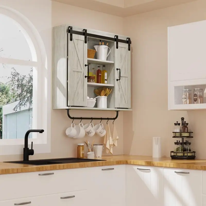 

Rustic Wooden Sliding Door Storage Cabinet, 3-Tier Farmhouse Vintage Organizer for Kitchen, Dining, Bathroom, Living Room,