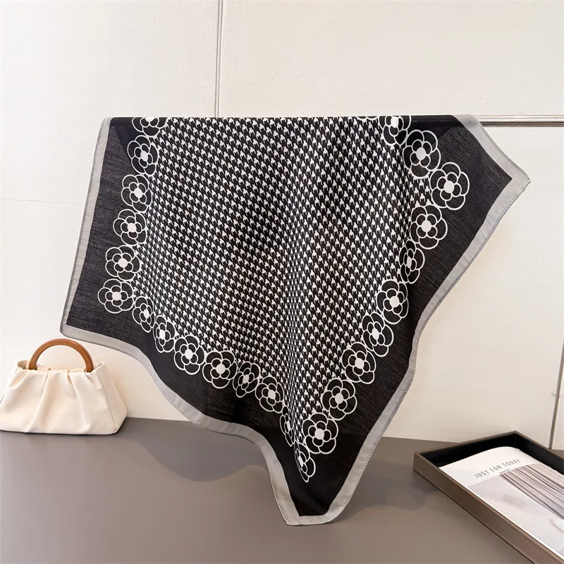 Scarf Women Square Scarf Houndstooth Floral Print Headscarf Shawl Neck Wrap Cotton Linen Feel For Daily Business Gift