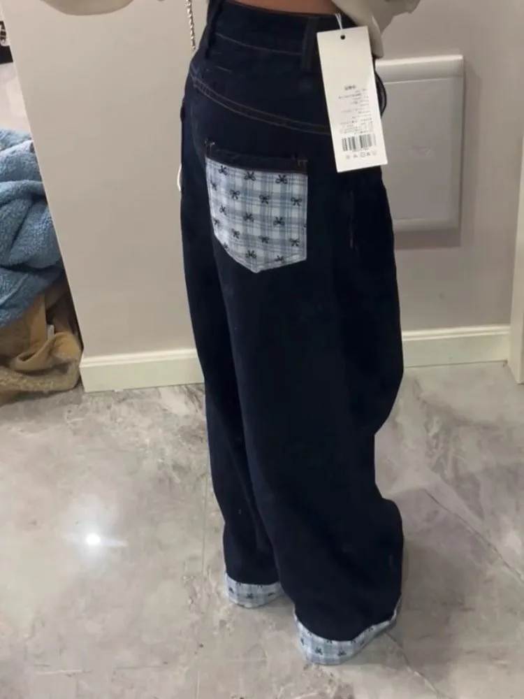 Calças de Denim com Design de Rua Americana, Estilo Plaid, Fenas, Largas e de Perna Reta, Crimento até o Chão