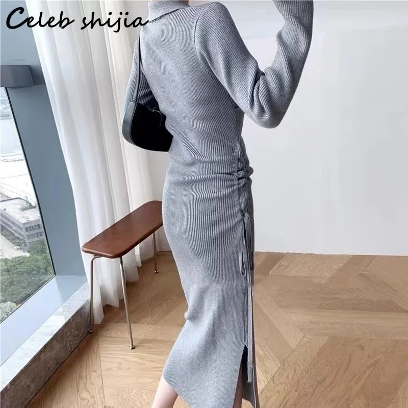 Gray Turn-down Collar Knitted Dress Women Winter  Fall Elegant Chic Wool Vestido Lady Business Streetwear Knitwear Clothing