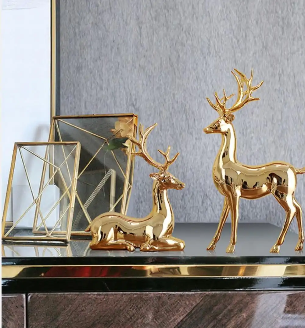 

2Pcs Golden Silver Deer Statue Elk Reindeer Figurines Nordic Style Sculpture Brass Christmas Figurine Room Home Decoration
