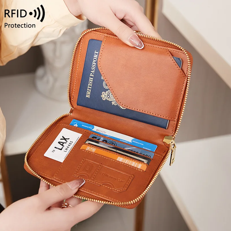 Vintage Custom Name Travel Wallet Business Trip Portable Leather Passport Holder Zip Large Capacity Card Holder Passport Pouch