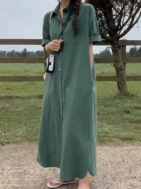 Summer New Long Shirt Style Knee-Length Women's Dress Lazy Fashion Loose Fit All-Match Other Material Short Sleeve Daily Wear