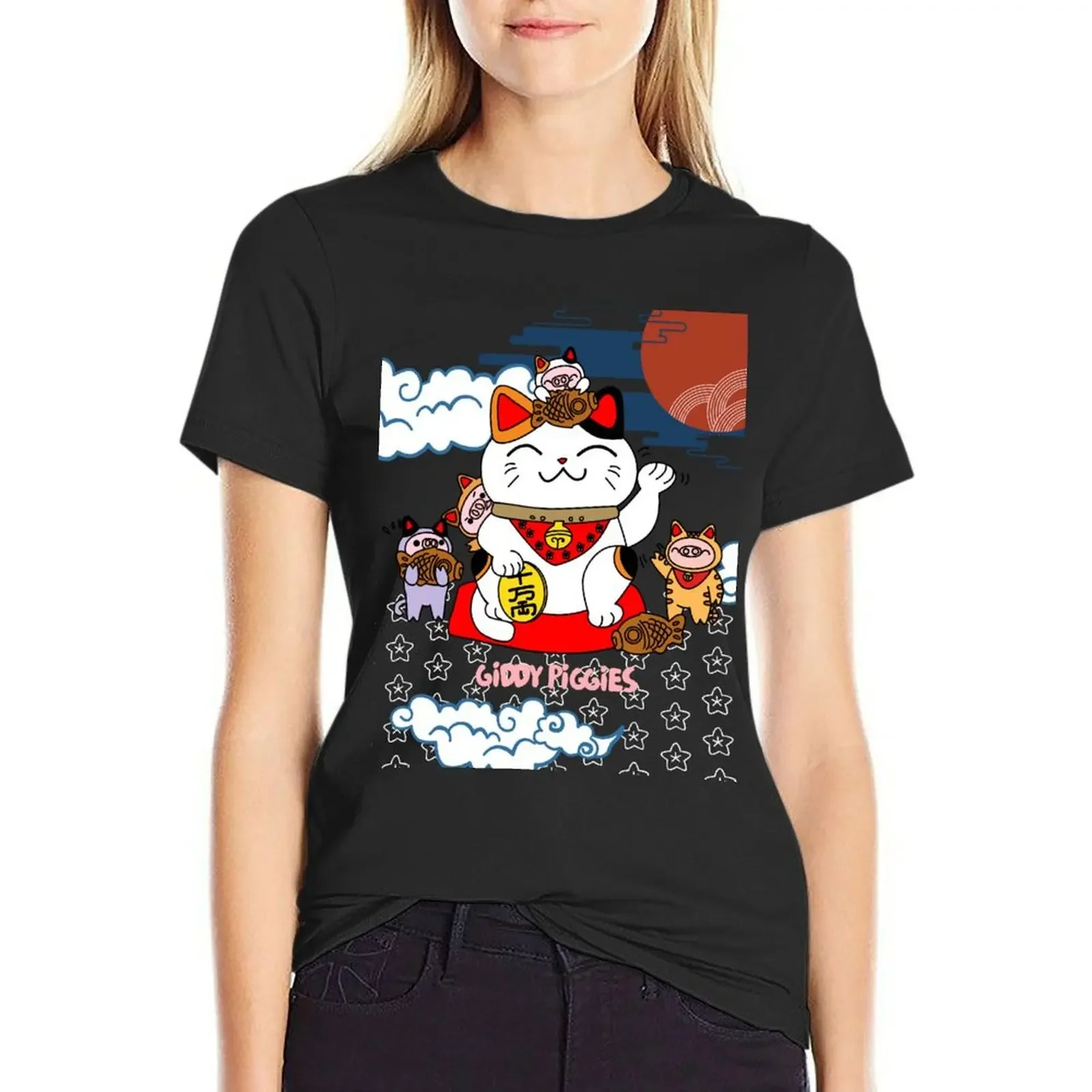 

Giddy Piggies With Lucky Cat T-shirt Blouse funny woman t shirt