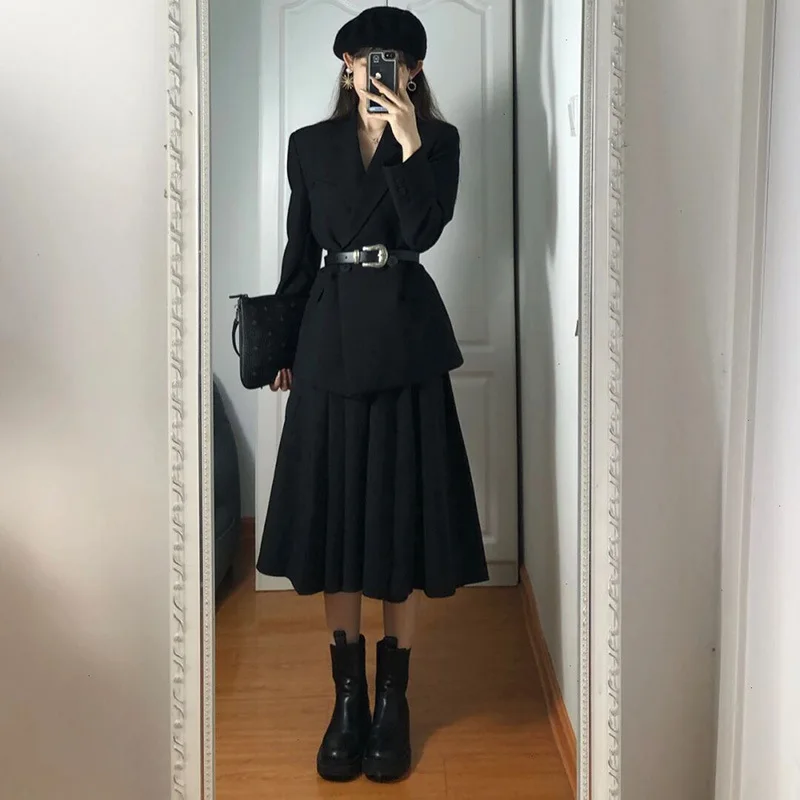 Two-piece Suit Jacket and Midi Dresses V-neck A-line Solid Black Dress Autumn and Winter New Simple and Elegant Formal Dress