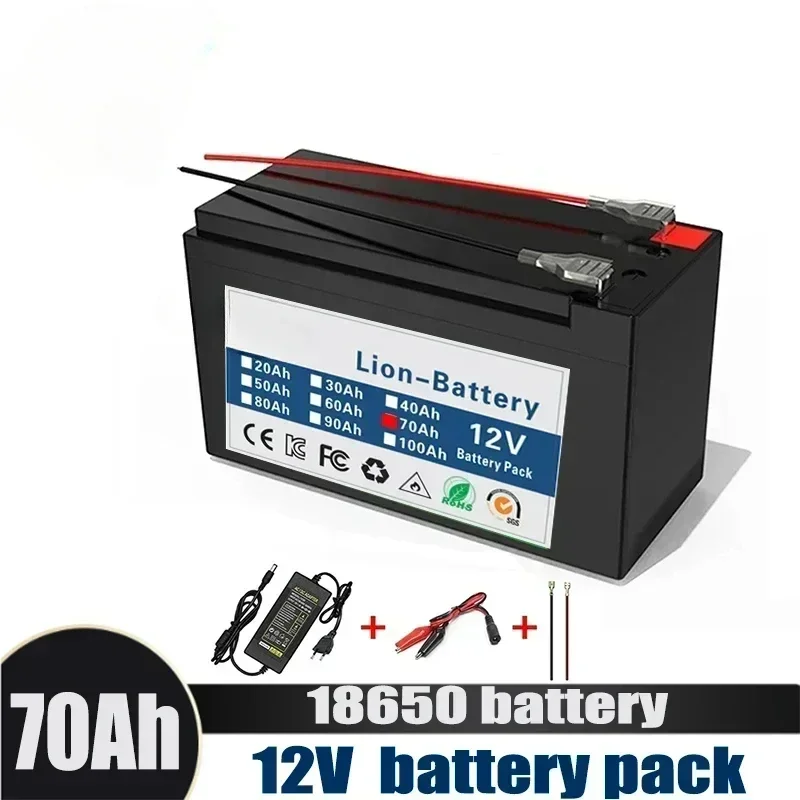 Upgraded 12v 70Ah Li Ion 18650 Battery Electric Vehicle Lithium Battery Pack 9V- 12V 35Ah 120Ah Built-in BMS 30A High Current