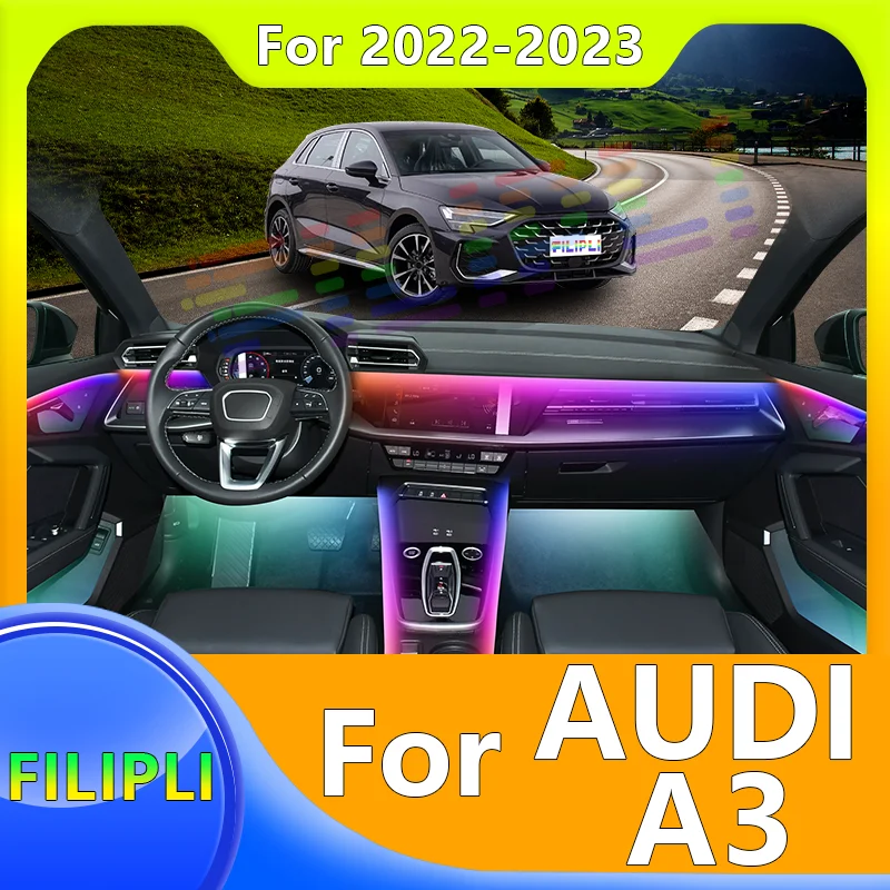 

FILIPLI For AUDI A3 For 2022-2023 Cyberpunk Car Ambient Light 64 RGB Voice Control Car Acrylic Mood Lights Strip Easy To Install