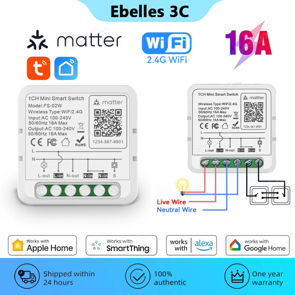 Matter Wifi Switch 16A Inteligentna automatyka domowa Inteligentny przełącznik Moduł przekaźnika Timer Współpracuje z Alexa Google Homekit Smartthings Tuya